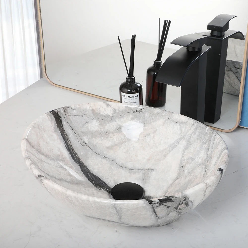 ZAPPO Artistic Marble Pattern Ceramic Sink Set, Black Matte Faucet Combo, Modern Bathroom Above-Counter Basin.