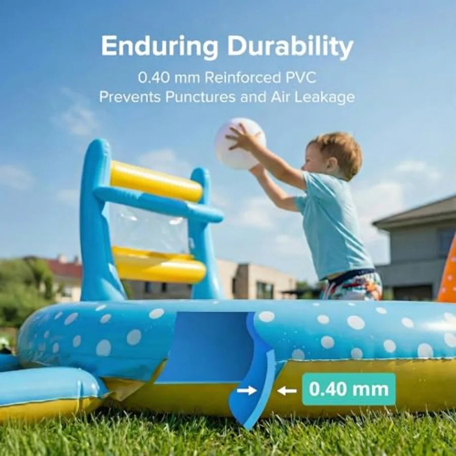 Outdoor backyard inflatable kiddie pool with slide for toddlers PVC material blue and yellow quick-inflate design and splash pool Kiddie Pool With Basketball hoop
