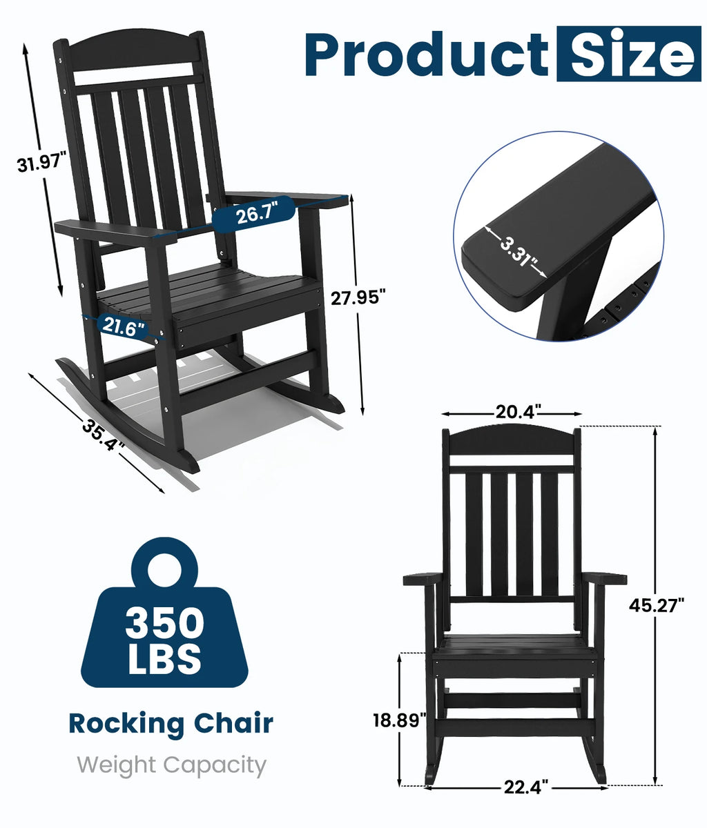 FOOWIN 2pcs Oversized High Back Outdoor Patio Rocking Chair All Weather HDPE Porch Rocker Adult Garden Lawn Indoor