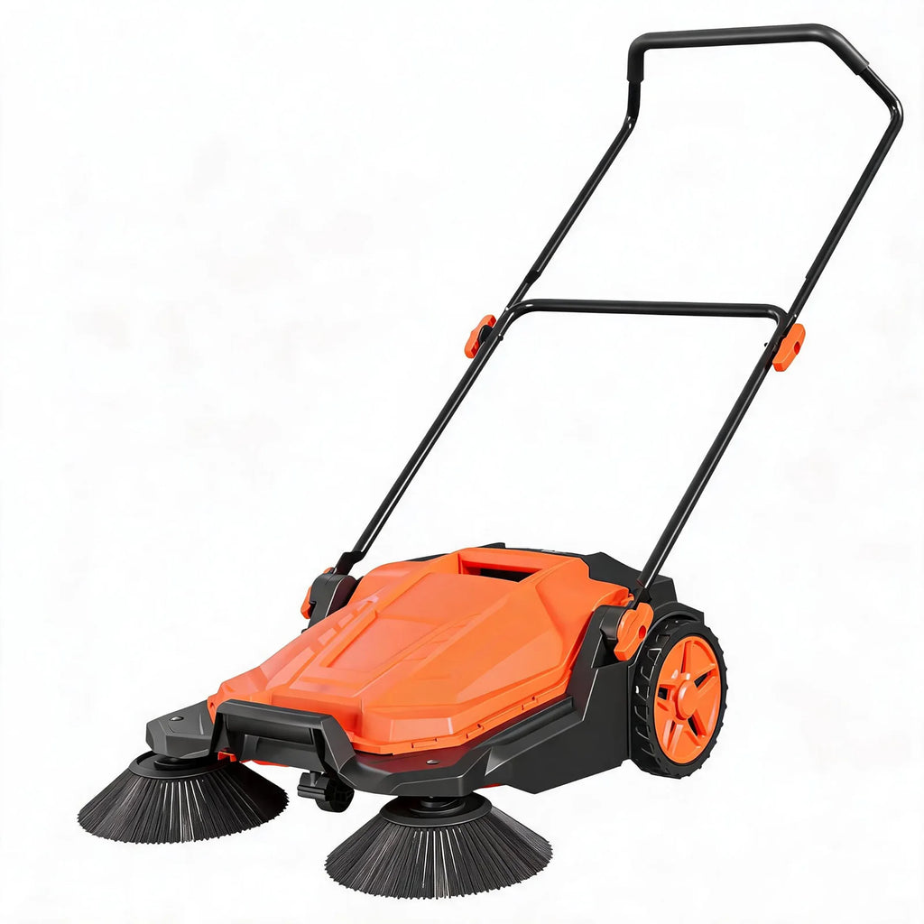HiMiss 25.6" Manual Push Floor Sweeper, Walk-Behind Sweeper With 5-Gallon Bin, Adjustable Foldable Handle For Garage Patio Driveway