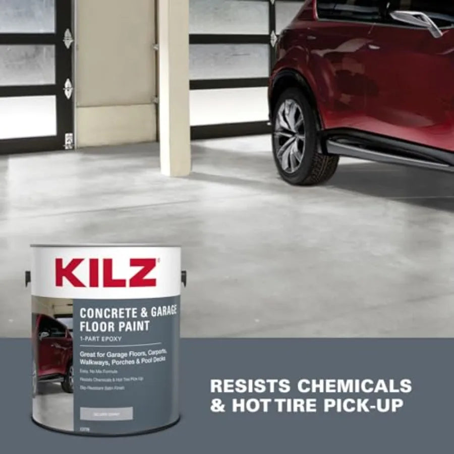 KILZ 1-Part Epoxy Acrylic Concrete and Garage Floor Paint,,Satin Interior/Exterior Concrete Paint for Basement Floors, Porches, Driveways