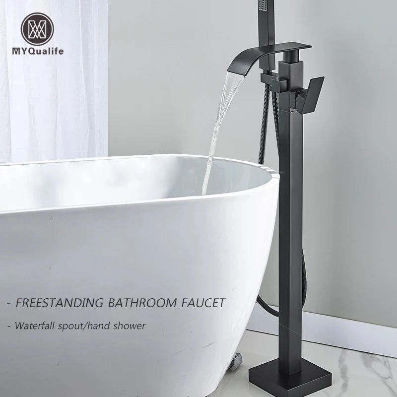 Floor Standing Bathtub Tap With Hand Shower, Hot And Cold Mixer