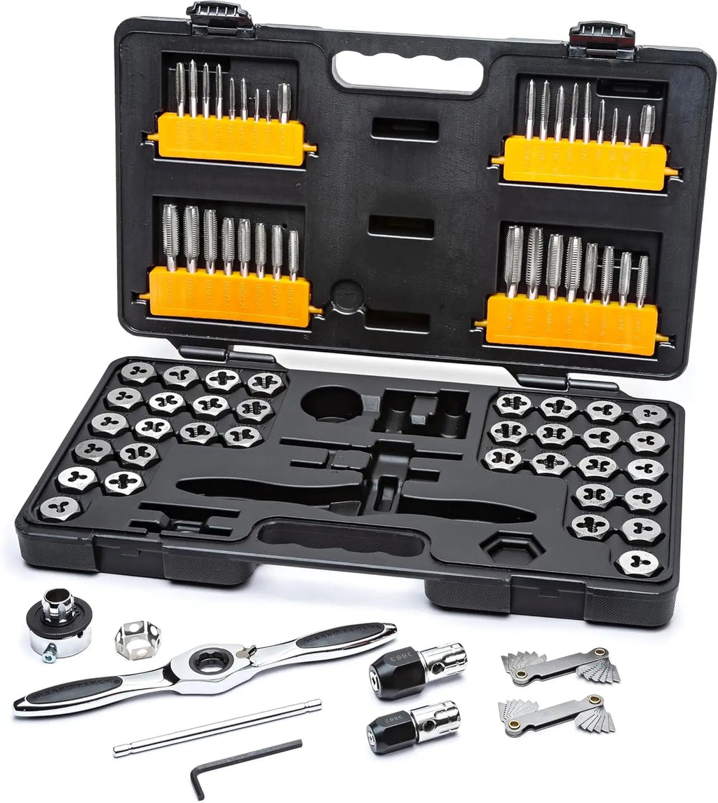 75-Piece SAE/Metric Ratcheting Tap and Die Set - 5° Swing Arc, Reversing Lever, Twist Lock Guide