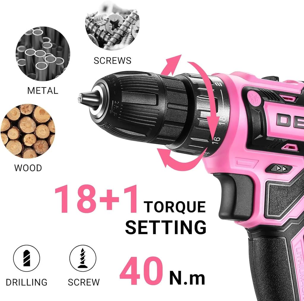 20 Volt Power Drill, Cordless, Tool Set for Women, With Bits, Battery And Charger