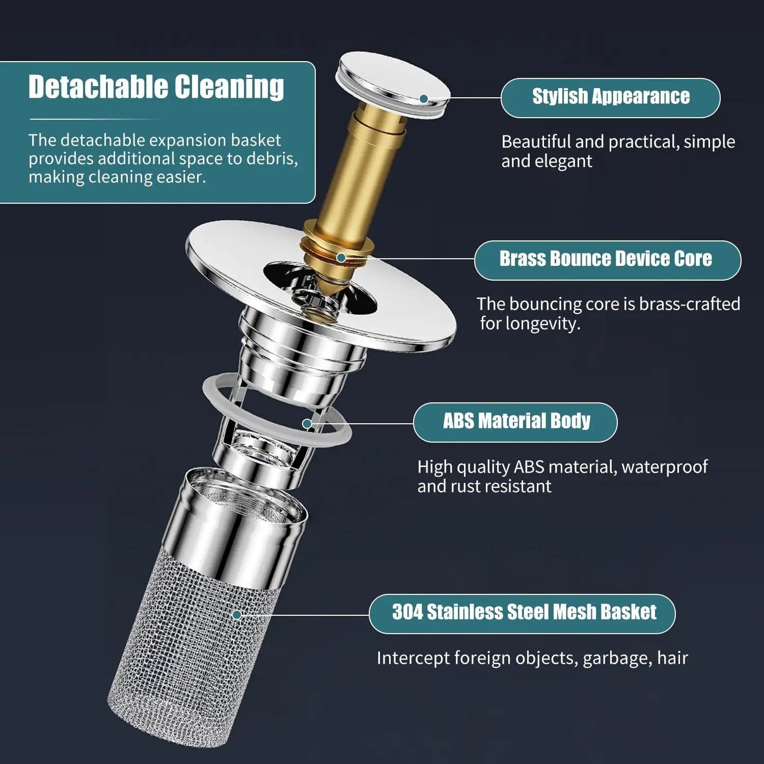 Sink/Tub Pop-Up Drain Plug, Hair Catcher, Drain Filter, Stainless Steel