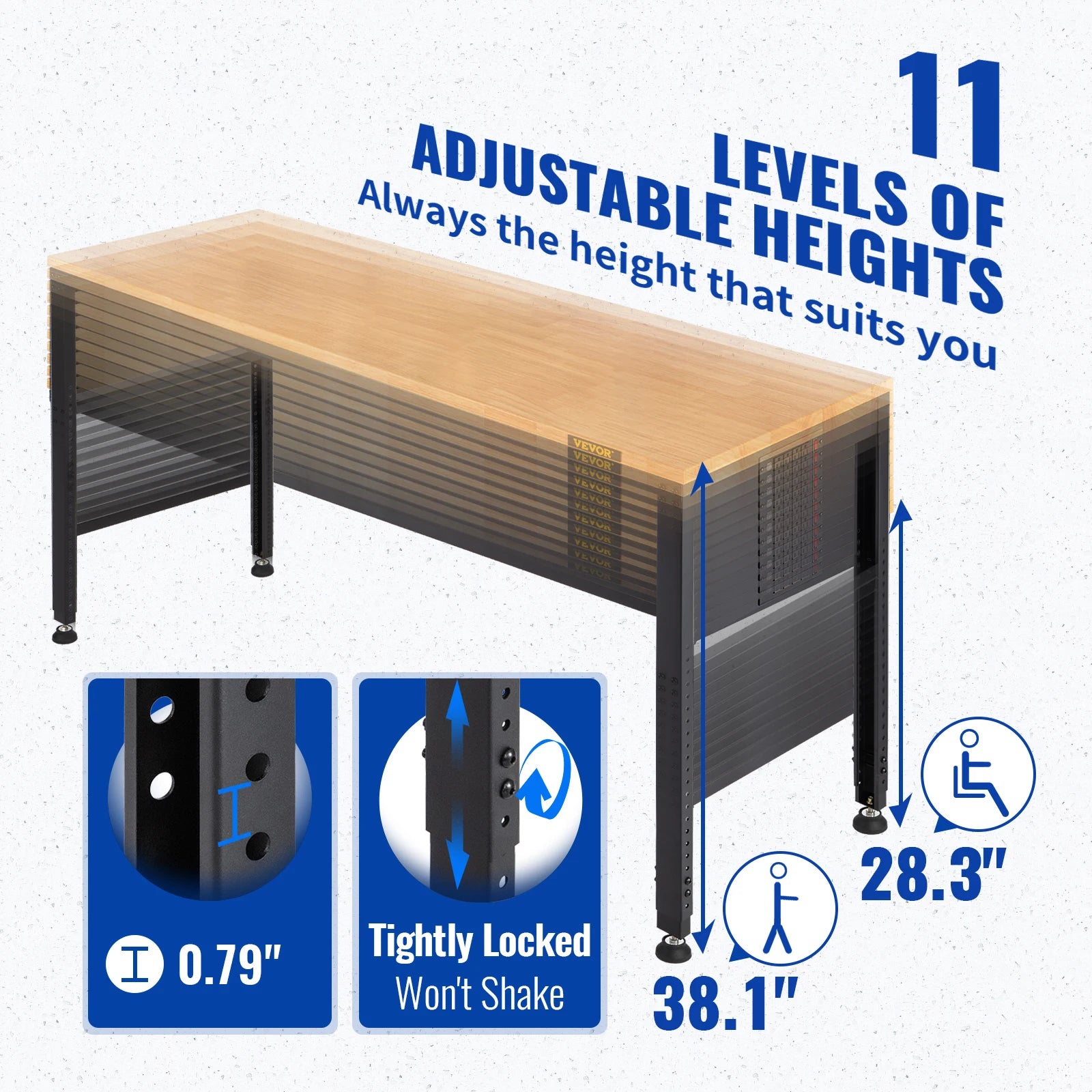 SucceBuy 72cm Woodworking Workbench, Adjustable Height Oak Wood Hardwood Top Worktable, 900KG Capacity for Office Home Workshop
