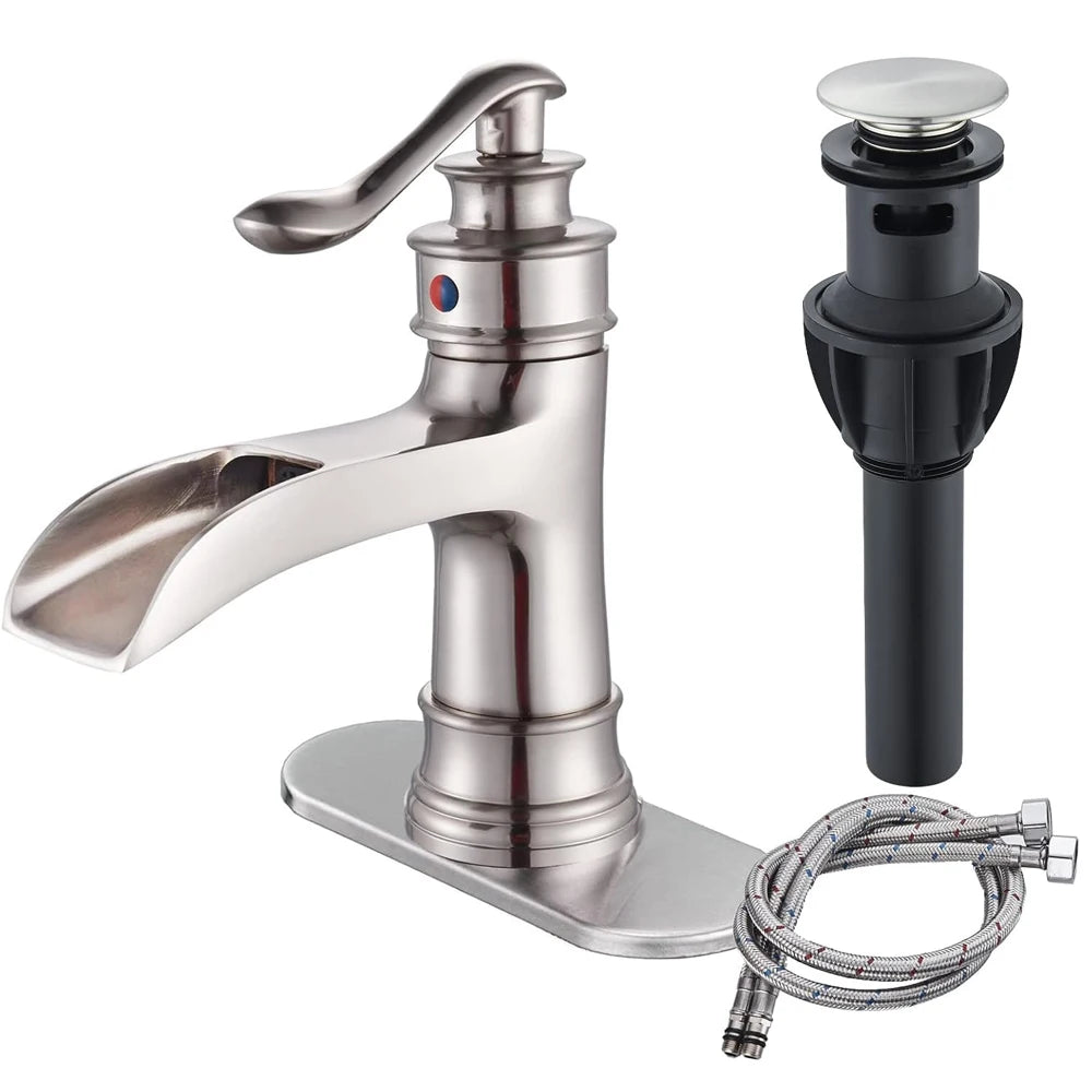 Waterfall Bathroom Sink Faucet, Single Handle, Brushed Nickle, Includes Stopper