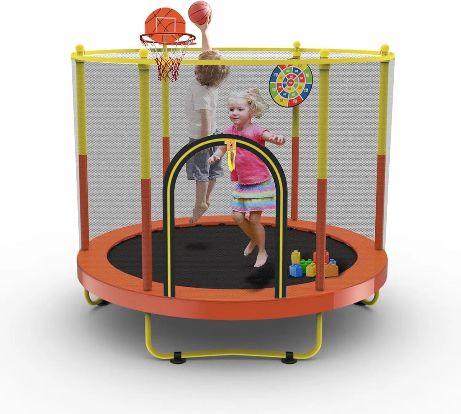 60" Trampoline for Kids with Net, 5FT Indoor & Outdoor Small Toddler Trampoline with Basketball Hoop & Dart Board for Ages 1-8,