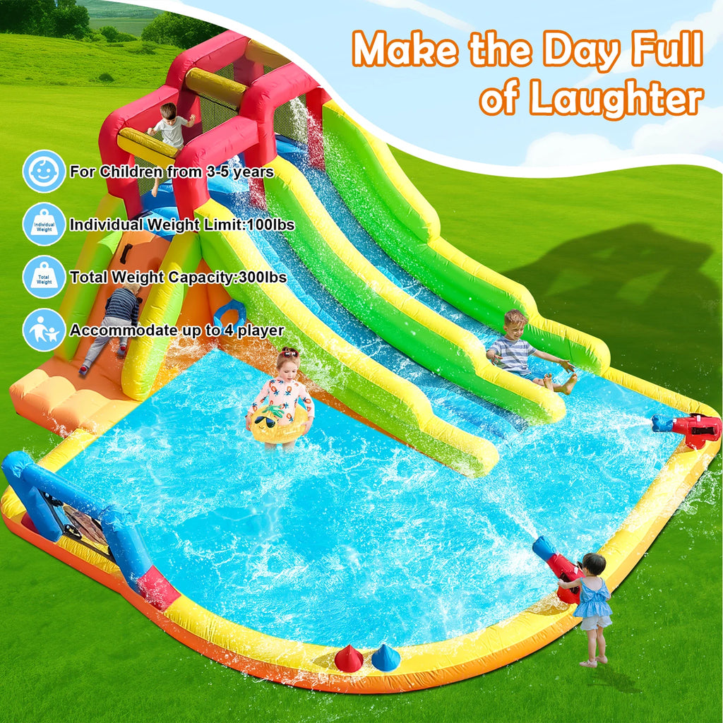Giant Inflatable Dual Lane Water Slide with Splash Pool Wet/Dry Combo Water Cannons Backyard Family Party 580x350x250cm