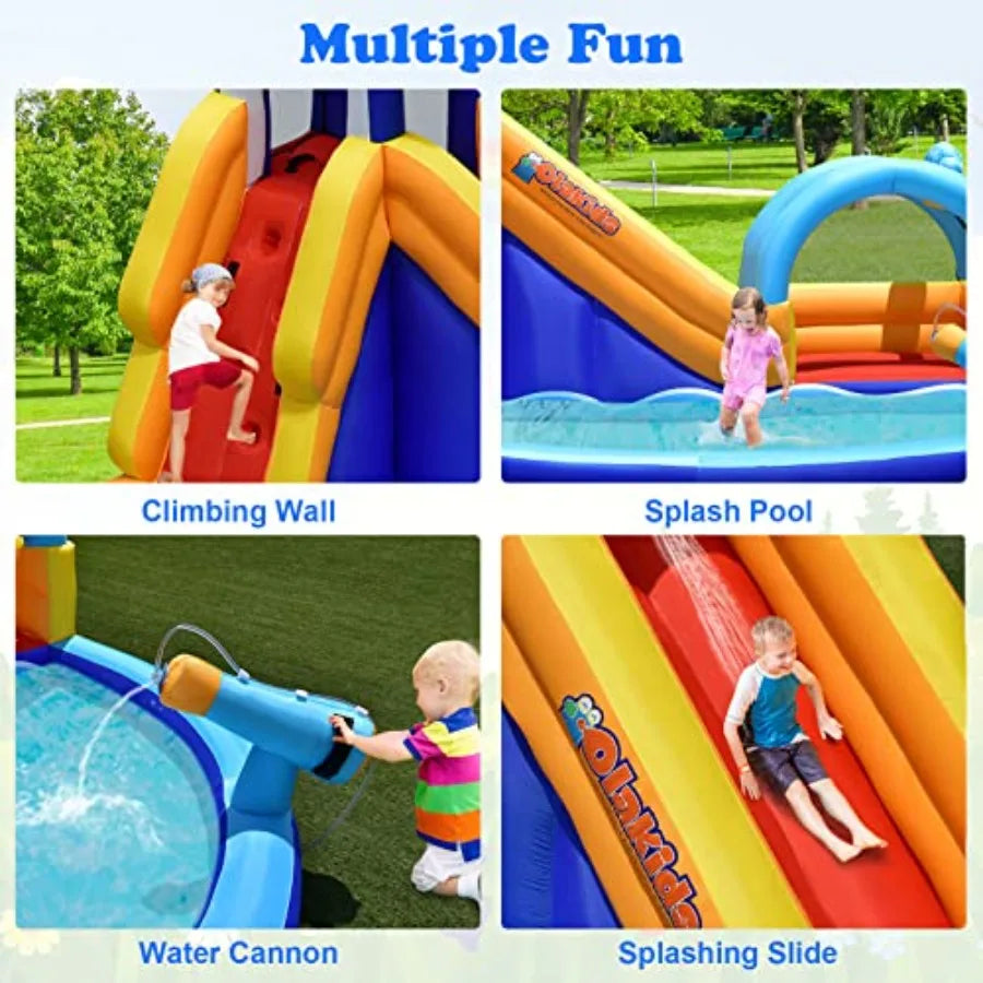 OlaKids Outdoor inflatable water slide for backyard use PVC material blue and gray 14FT x 10FT x 8.5FT shark theme with splash pool, stairs & water cannon