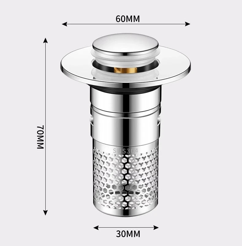 Pop-up sink/Tub stopper, Hair Catcher, Detachable Filter, Stainless Steel