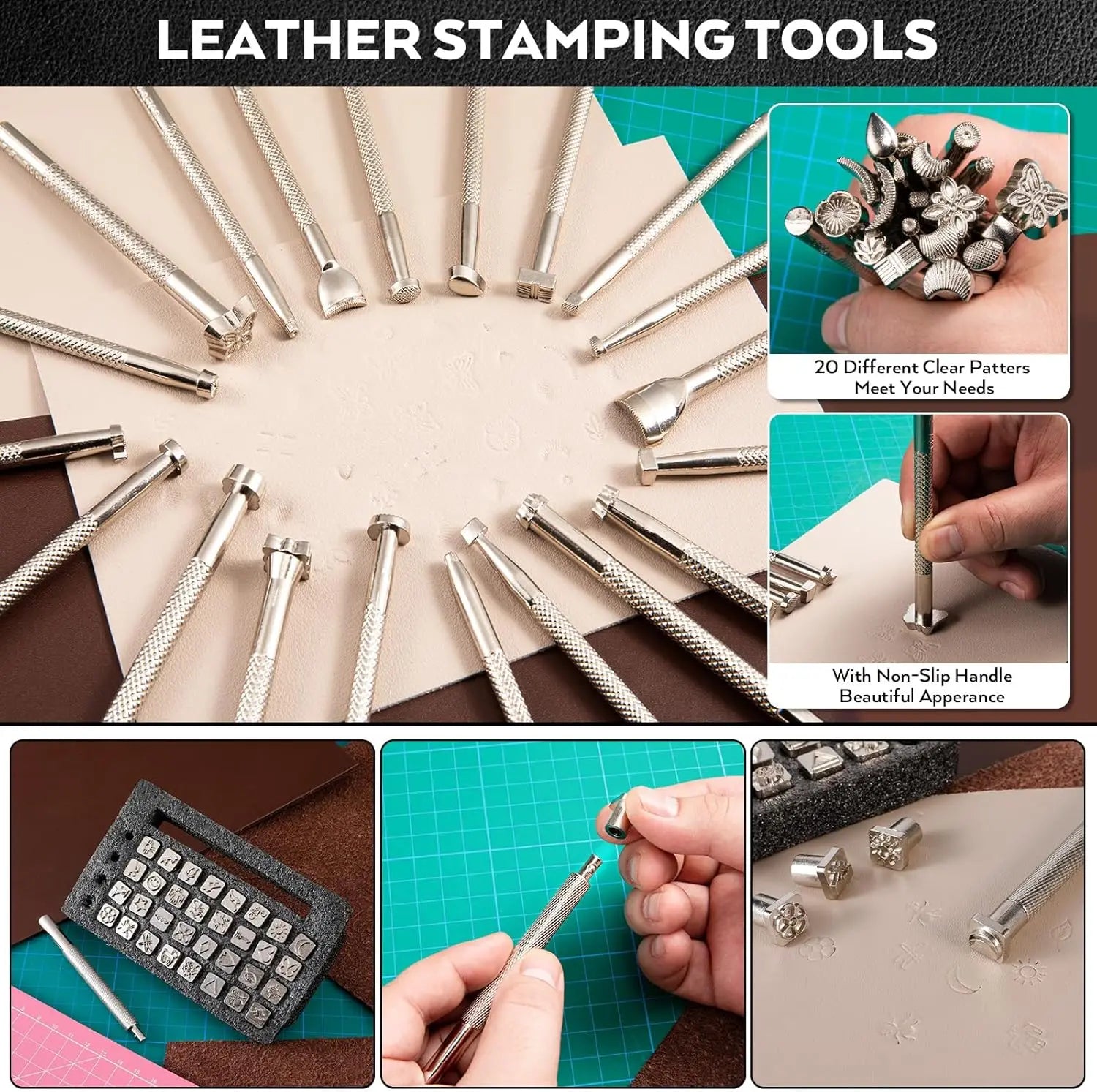 160-Piece Professional Leather Craft Tool Kit, with Storage Bag, for Stamping, Sewing, Carving, Cutting & Punching