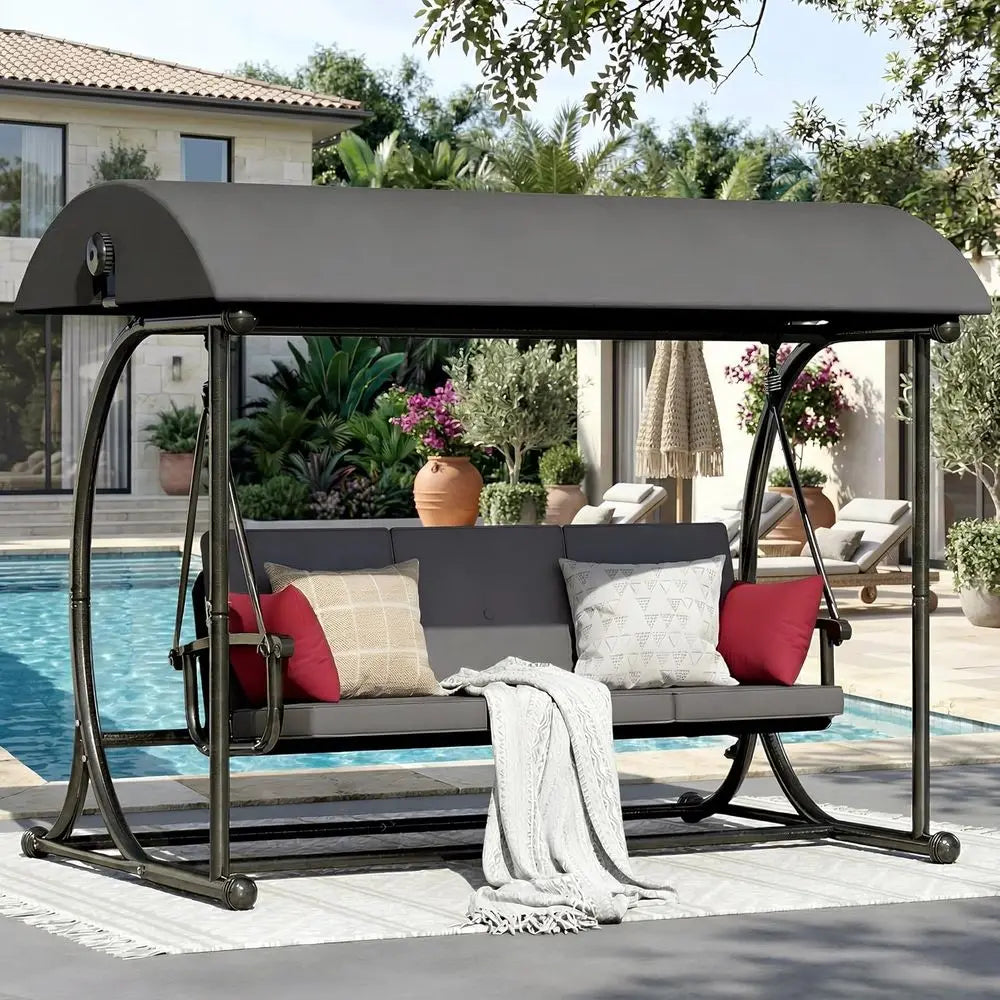 Patio Porch Swing Chair with Canopy, 3-Person Outdoor Hammock Bench with Comfortable Cushions