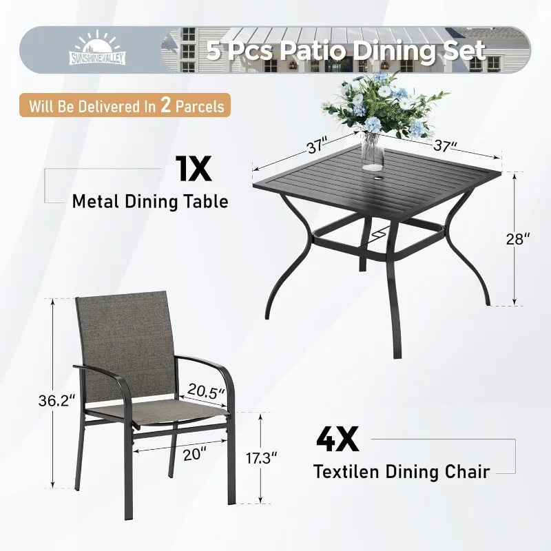 SUNSHINE VALLEY 5/9 Piece Patio Dining Set, Square Table with Umbrella Hole, 4 Metal Brown Chairs, Outdoor Table Chairs Set