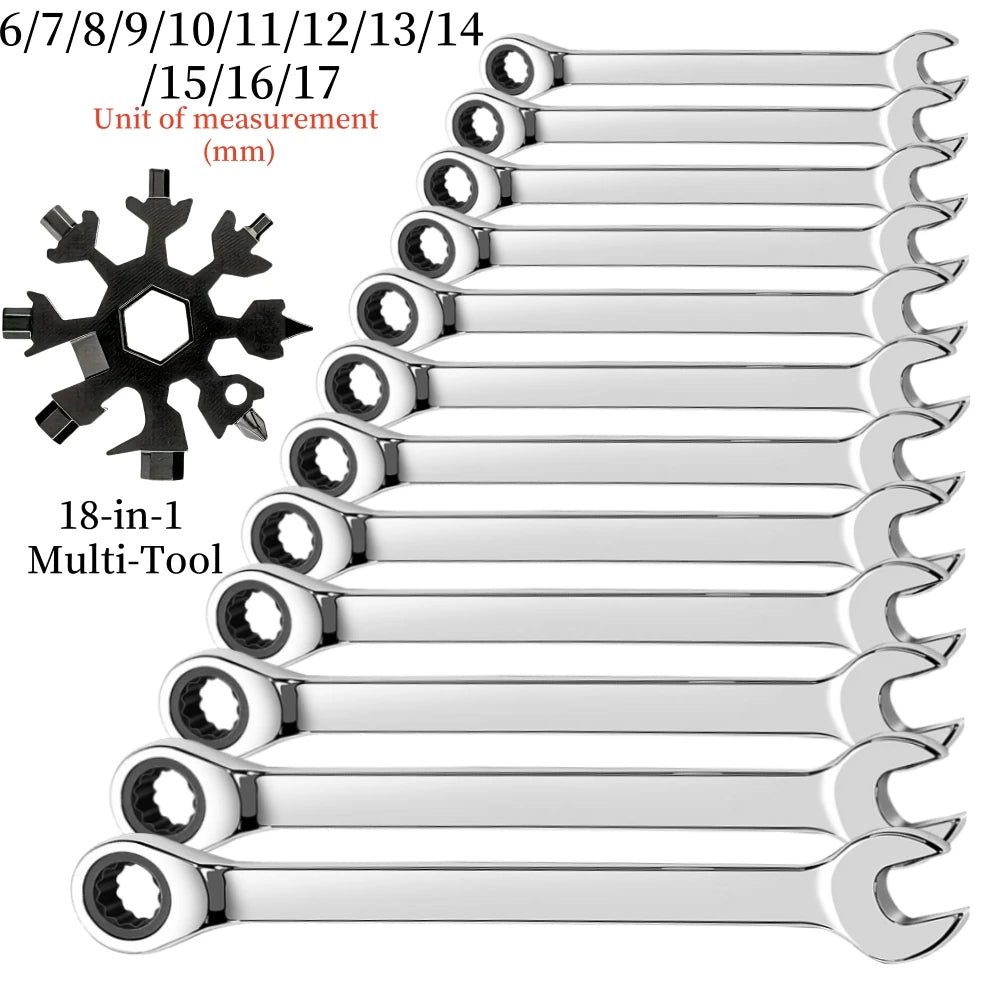 Flexible Ratcheting Combination Wrench Set, 6-17mm Metric Key Wrench Ratchet Spanner Metric Hand Tool Sets, Car Repair Tools