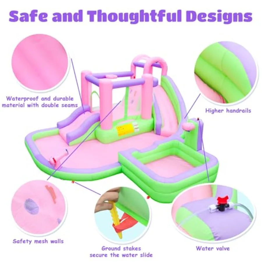YAO HUI HUANG Backyard summer inflatable water slide bounce house with blower for 5 kids PVC material Pink, Purple, Green, Yellow splash pools & water cannon
