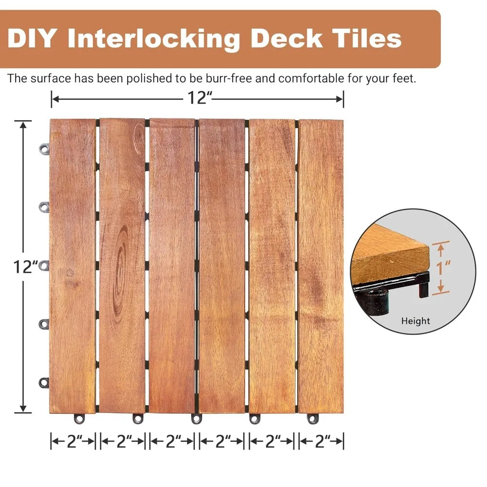 108 PCS Acacia Wood Interlocking Deck Tiles, 12x12 Inch Waterproof Tiles, Indoor Outdoor Patio Flooring