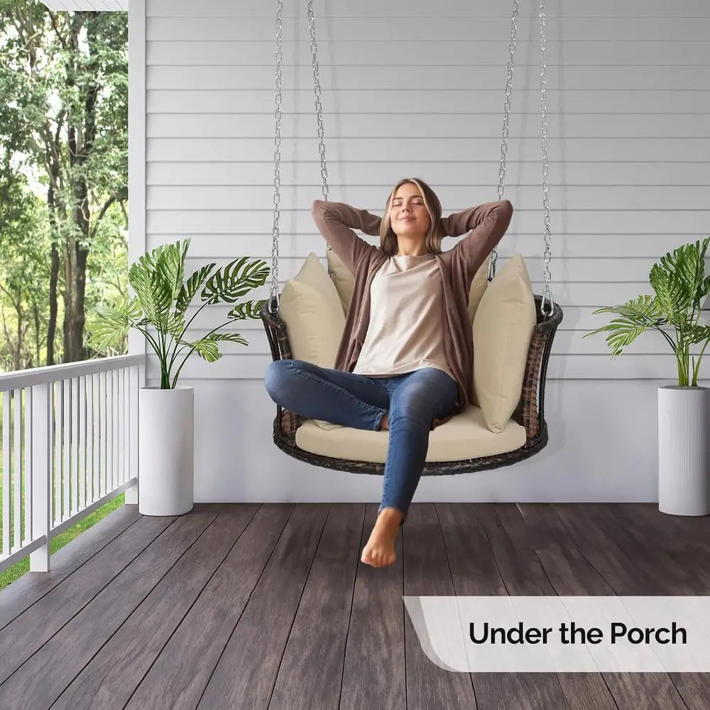 2.4 T 1-Person Use Round Rattan Porch Swing Outdoor Support 440 LBS with Cushions & Adjustable Chains, Patio Wicker Swing