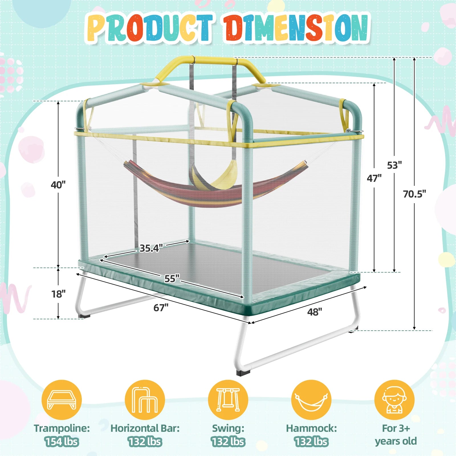 6FT Rectangle Trampoline for Small Spaces, 4-in-1 Kids Trampoline with Swing & Safety Enclosure Net, Ideal for Sensory Play & Indoor/Outdoor Use for Ages 3-8, ASTM Approved