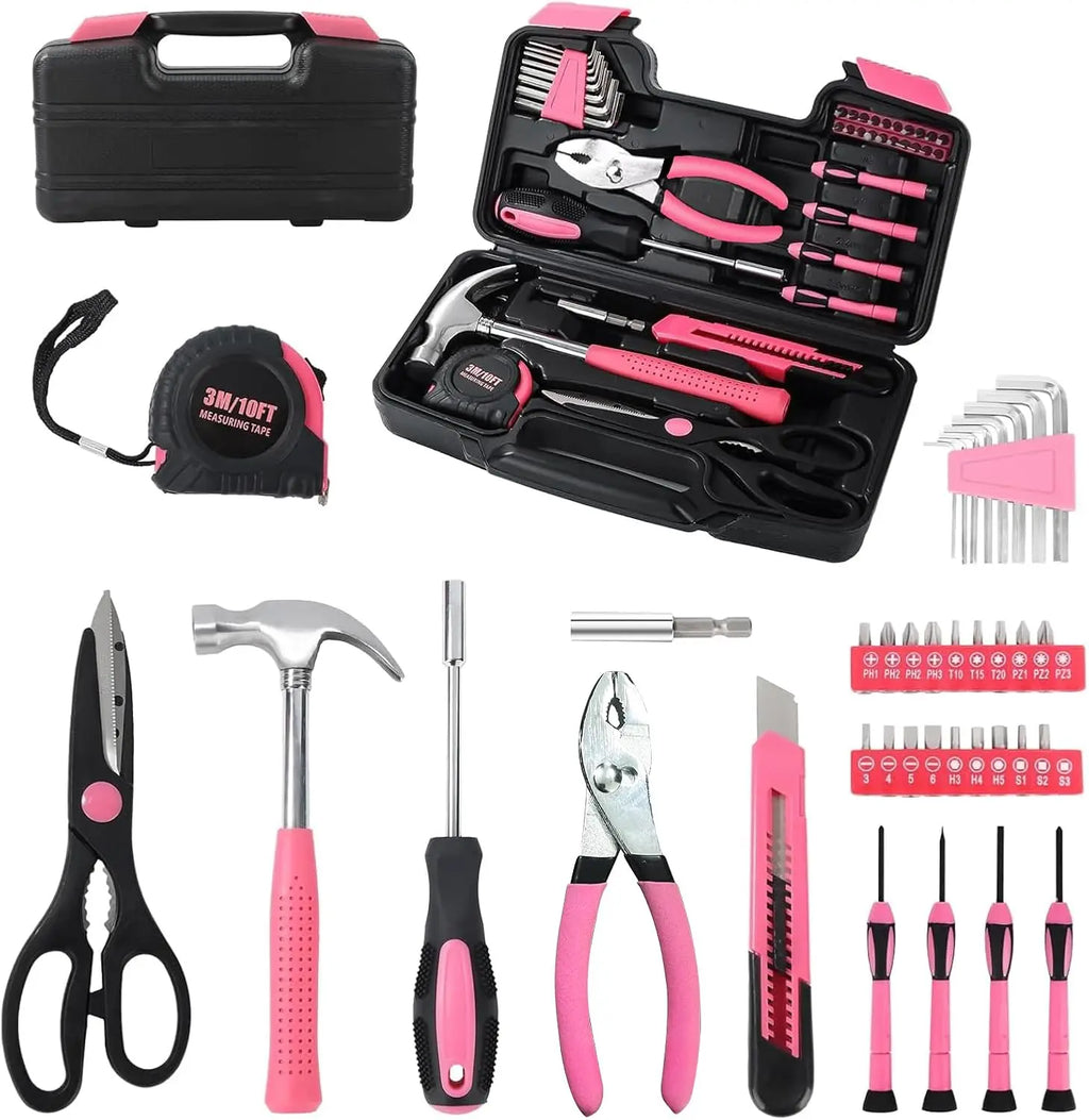 39 Pcs All Purpose Basic Household Pink Tool Kit for Women - Small Tool Set with Toolbox Great for Home, Garage, Office and College Dormitory Use