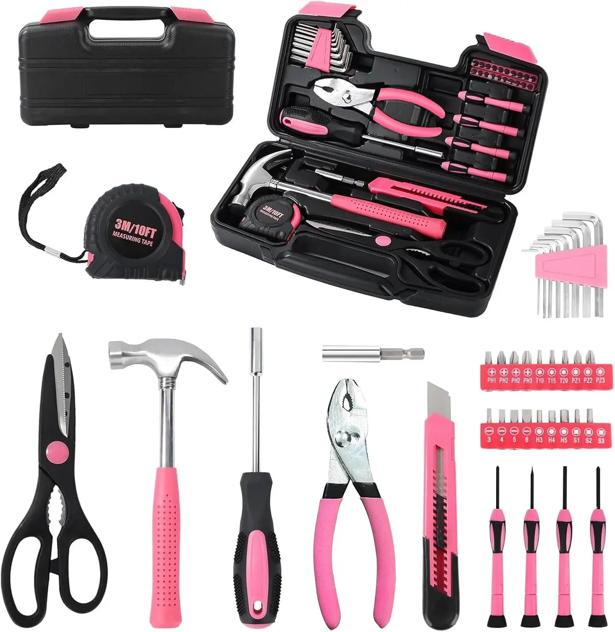 39 Pcs All Purpose Basic Household Pink Tool Kit for Women - Small Tool Set with Toolbox Great for Home, Garage, Office and College Dormitory Use