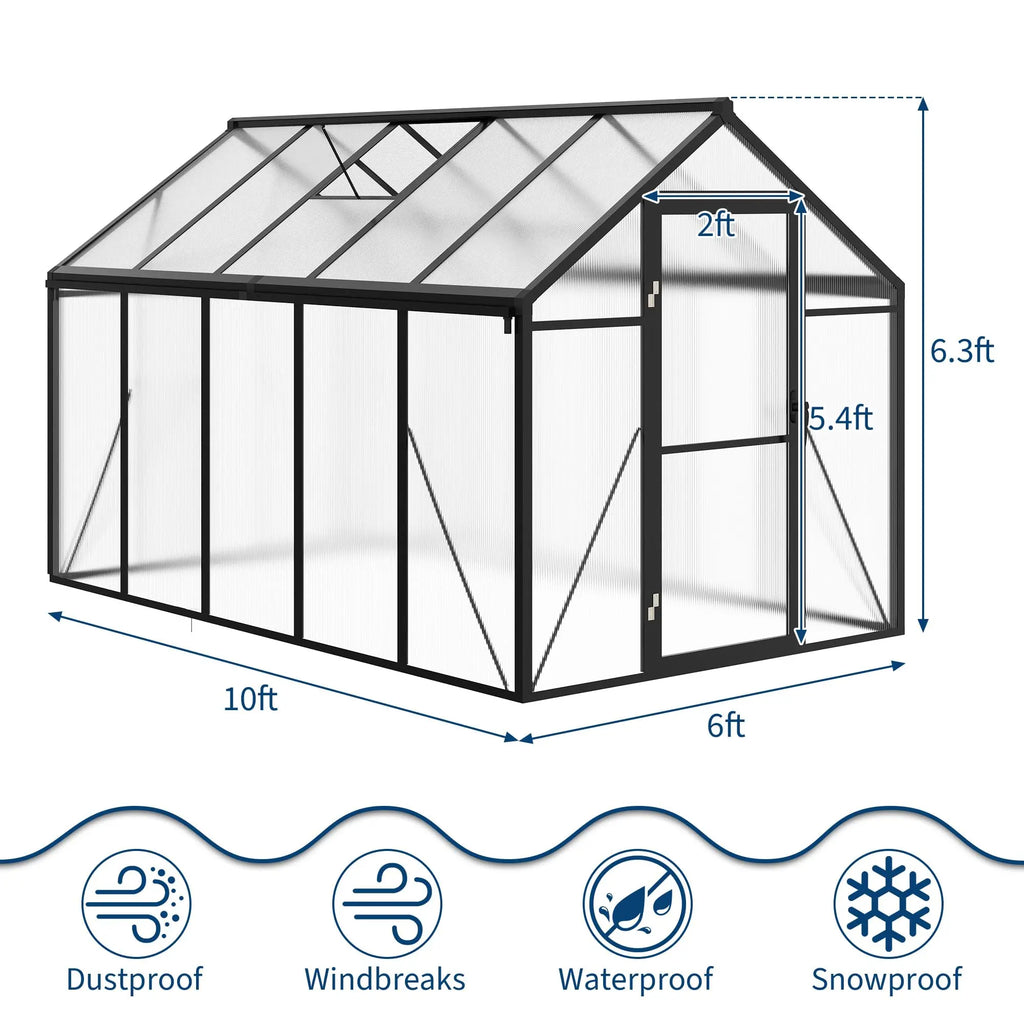 HiMiss 6x10 FT Polycarbonate Greenhouse For Outdoors, Aluminum Walk-In Greenhouse With Roof Vent & Lockable Door For Garden Backyard