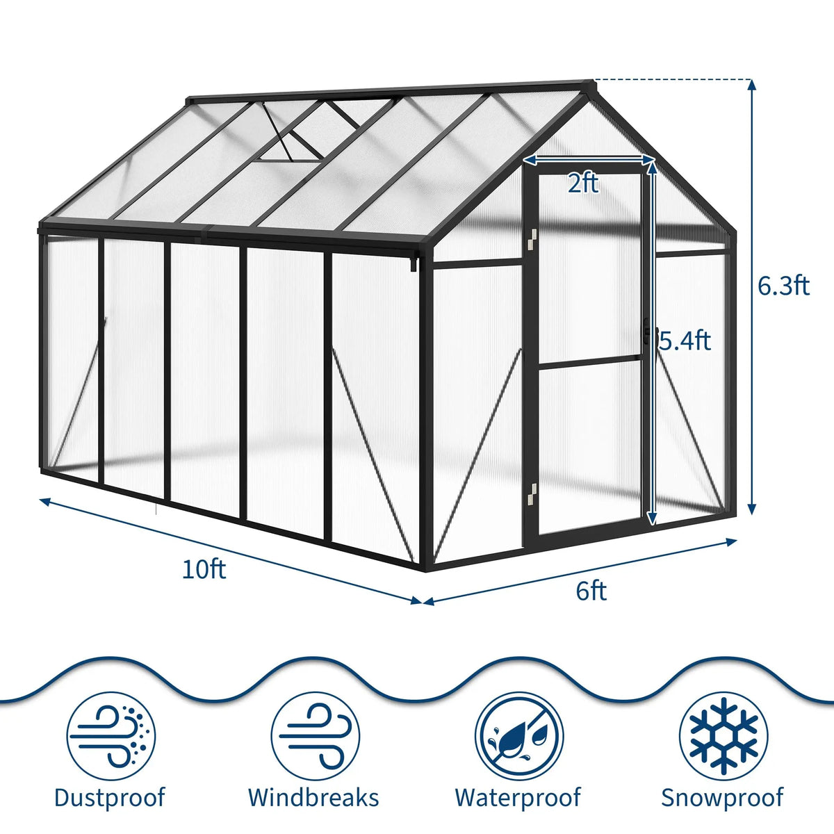 HiMiss 6x10 FT Polycarbonate Greenhouse For Outdoors, Aluminum Walk-In Greenhouse With Roof Vent & Lockable Door For Garden Backyard