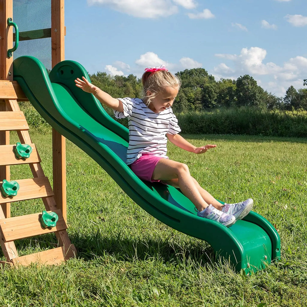 Buckley Hill Cedar Wood Swing Set with Wave Slide, Play Deck, Rock Wall Ladder, Belt Swings, Chalkboard, Canopy Roof, Outdoor Play Center.