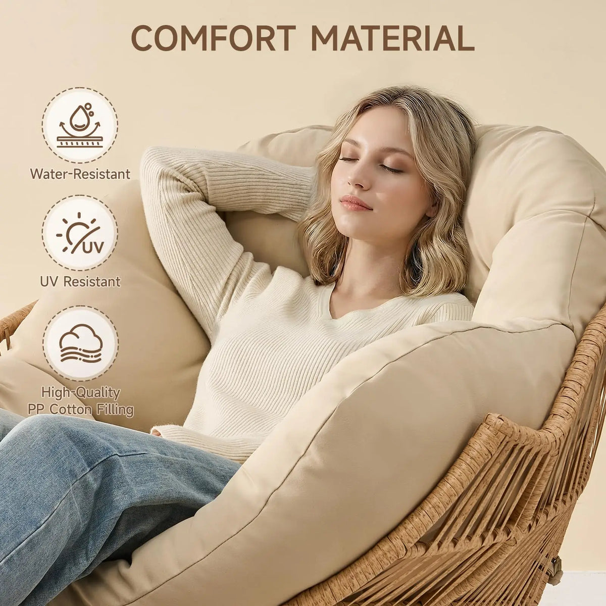 Papasan Rocking Chair with Ottoman, Oversized Wicker Rattan Egg Patio Chair Indoor Outdoor Lounge Rocker Chair for Garden
