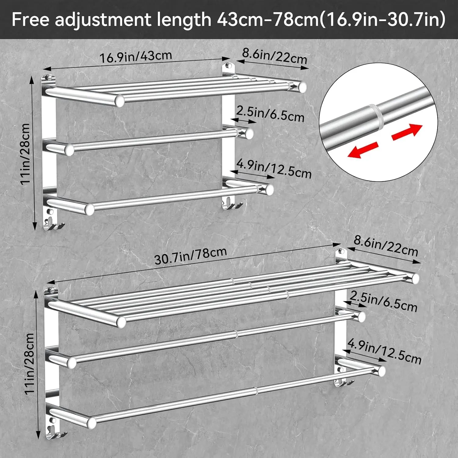 Adjustable Stainless Steel Towel Rack for Bathroom Wall Mount, 17-30.7 Inch Adhesive Shower Towel Holder