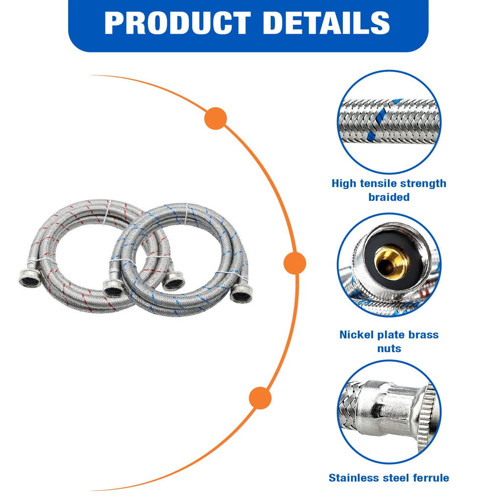 Washing Machine Hose, Stainless Steel Braided, Burst Proof, 6 Foot, Hot and Cold Water Lines