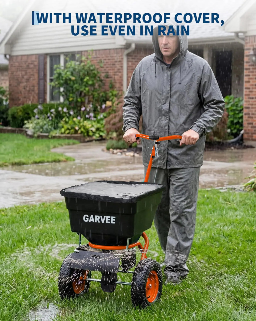 HiMiss Push Lawn Spreader 100lb Broadcast Spreader With Rain Cover Gloves 12ft Spread Width Adjustable Seed Fertilizer Salt Spreader
