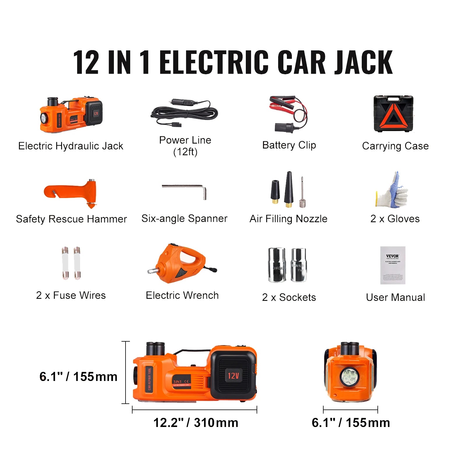 Electric Car Jack, 3 Ton Scissor/Hydraulic Jack, 12V Electric, Automatic, Carrying Case