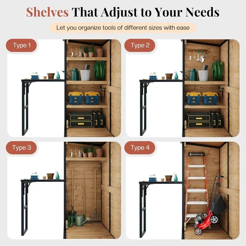 Jocisland Solid Fir Wood Outdoor Storage Shed,Garden Tool Shed with Foldable Workbench, Adjustable Shelves,Sloping Roof