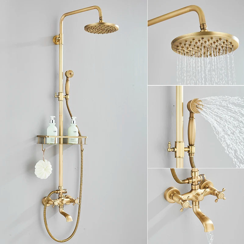 Antique Brass Shower Faucet Set, Rainfall Head Shower, Handheld Shower
