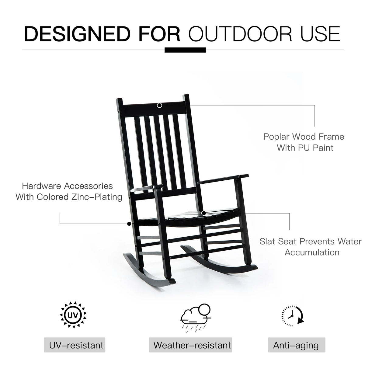 Outsunny Outdoor Rocking Chair, Wooden Rustic High Back All-Weather Rocker, Slatted for Indoor, Backyard & Patio, Black