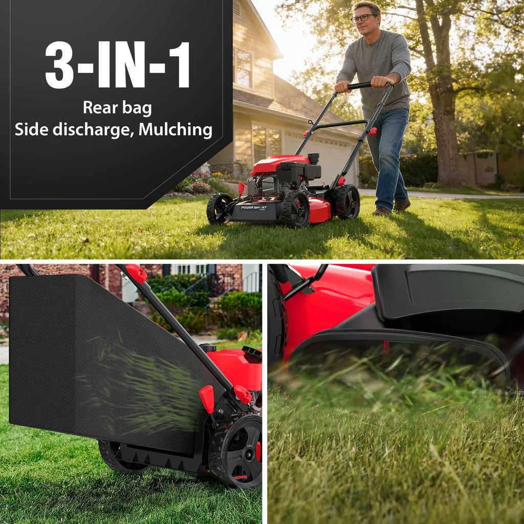 18" Gas Push Lawn Mower 3-in-1 Walk-Behind Grass Mower with Bagging, Mulching & Side Discharge, Easy to Operate for Small Yard Garden