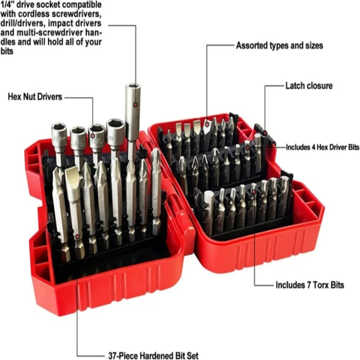 Keega Tools 37 Piece Impact Screwdriver Bit Set Nut Driver Torx, Slotted, Phillips Tool Magnetic Drill Bits
