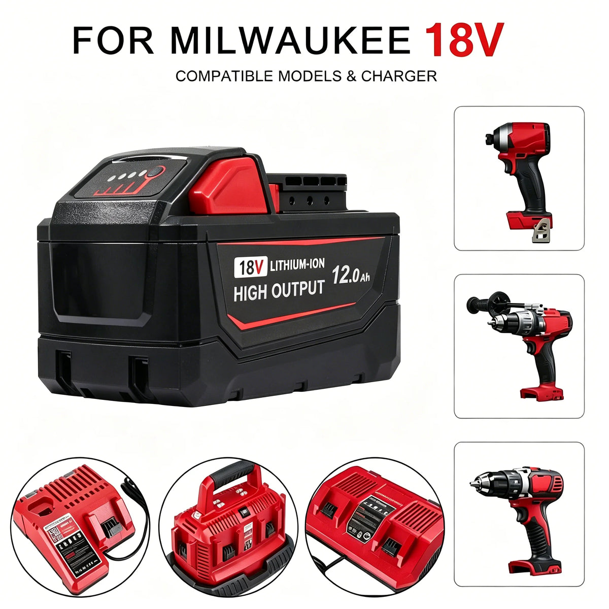 12Ah Replacement Battery Compatible with Milwaukee M18 18V, Lithium Ion Rechargeable Battery, High Capacity Battery Pack