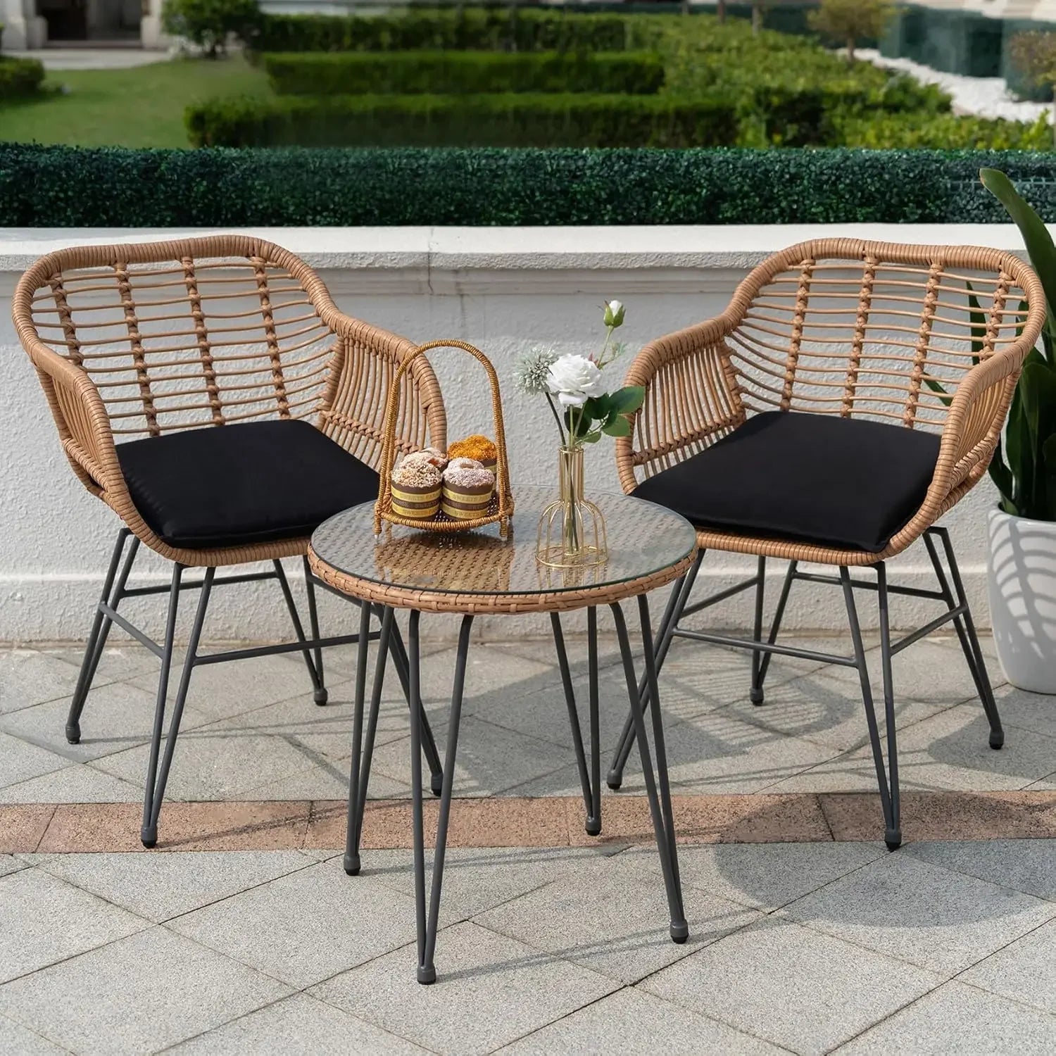 3 Piece Outdoor Wicker Bistro Set, Patio Conversation Set, 2 Large Rattan Chairs W/Tempered Glass Table, Patio Furniture