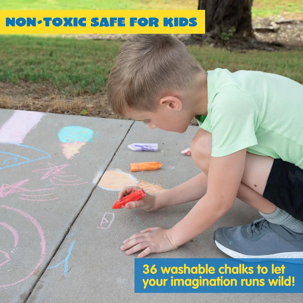 36 Washable Sidewalk Chalk, 6 Packs with Tie-Dye, Glitter & Neon Colors for Kids Outdoor Fun