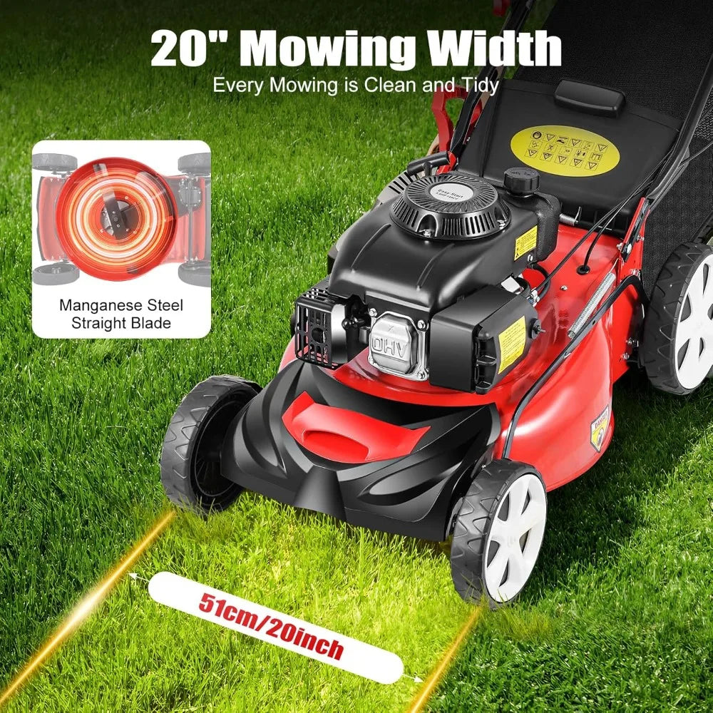 140cc 4-Stroke Self-Propelled Gas Lawn Mower, 20.5in High Wheel RWD, With Bag, Adjustable Height