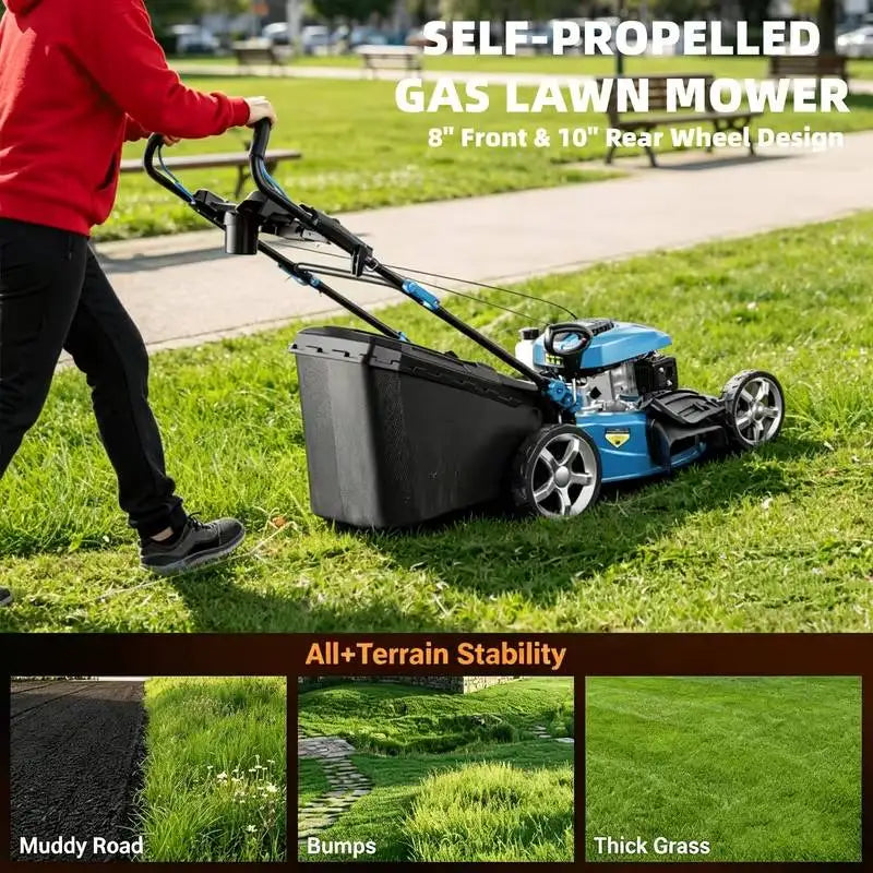 201cc 4-Stroke 2800RPM Self-Propelled Gas Lawn Mower, 21" Cutting Deck Gas Powered Hand Push Lawn mower, 7 Levels Adjustable Cutting Height, 3-in-1 Functions (Bagging, Mulching and Side Discharge) for Medium Large Yard