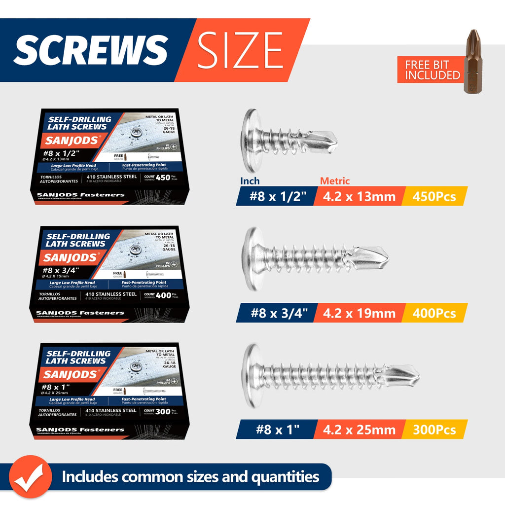 #8 Self Drilling Sheet Metal Screws, 410 Stainless Steel Self Tapping Screws, Phillips Truss Head Lath Screws