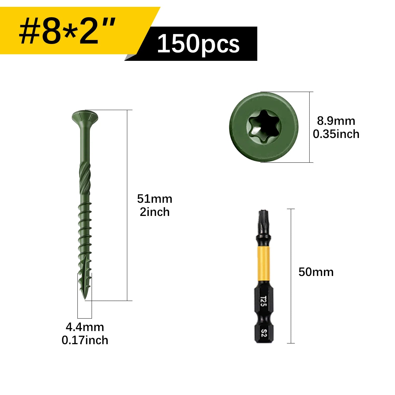 VKKM 150Pcs #8x2" Green Wood Screws Kit, T25 Star Drive Self-Tapping with 50mm Free Bit, All-Climate Anti-Rust – Great for Indoor & Outdoor Projects (Shelves, Framing, Repairs)