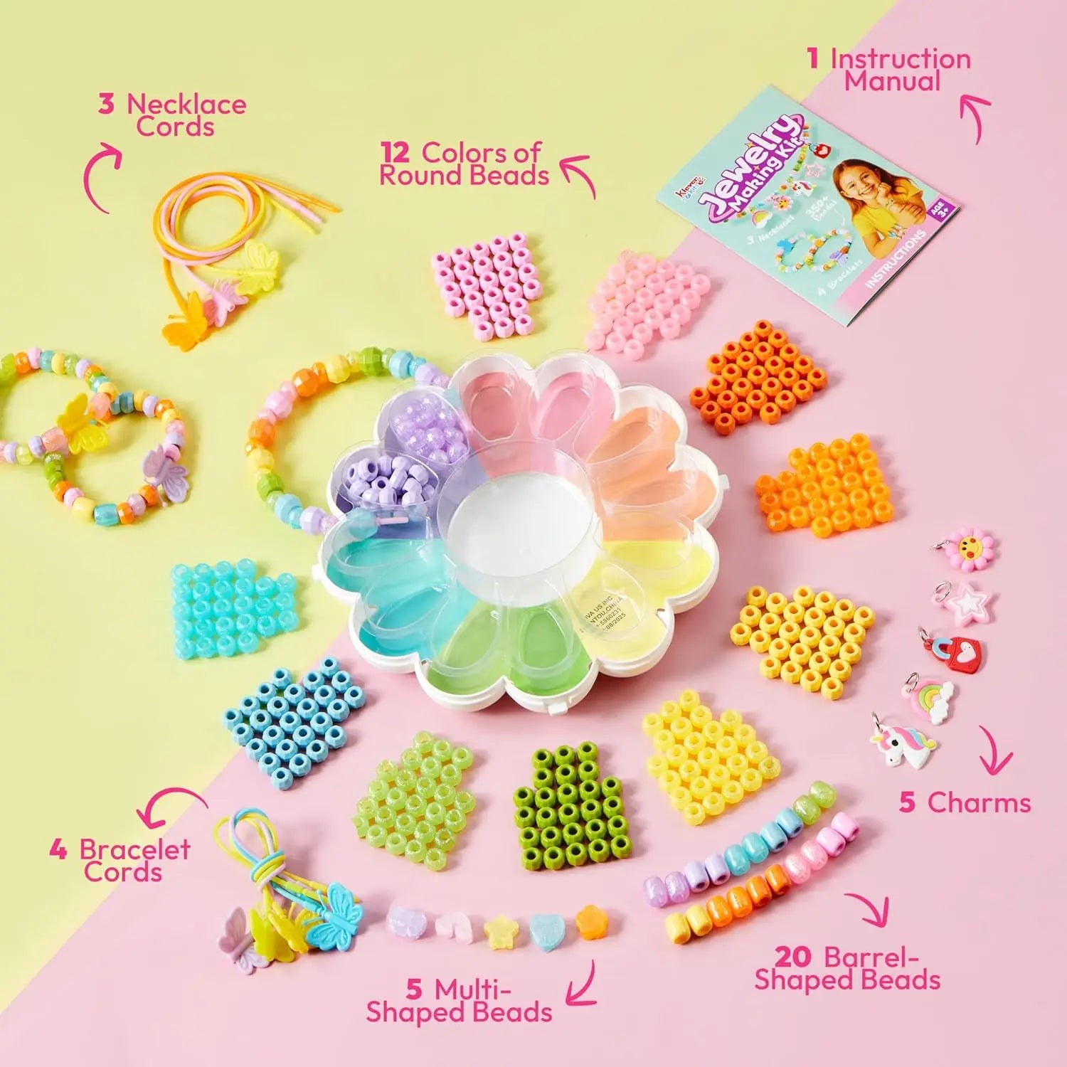 JOYFY Kids Jewelry Making Kit, Bracelet Making Kit with 350+ Colorful Beads, Flower-Shaped Case for Girls Ages 3+, Crafts Gifts