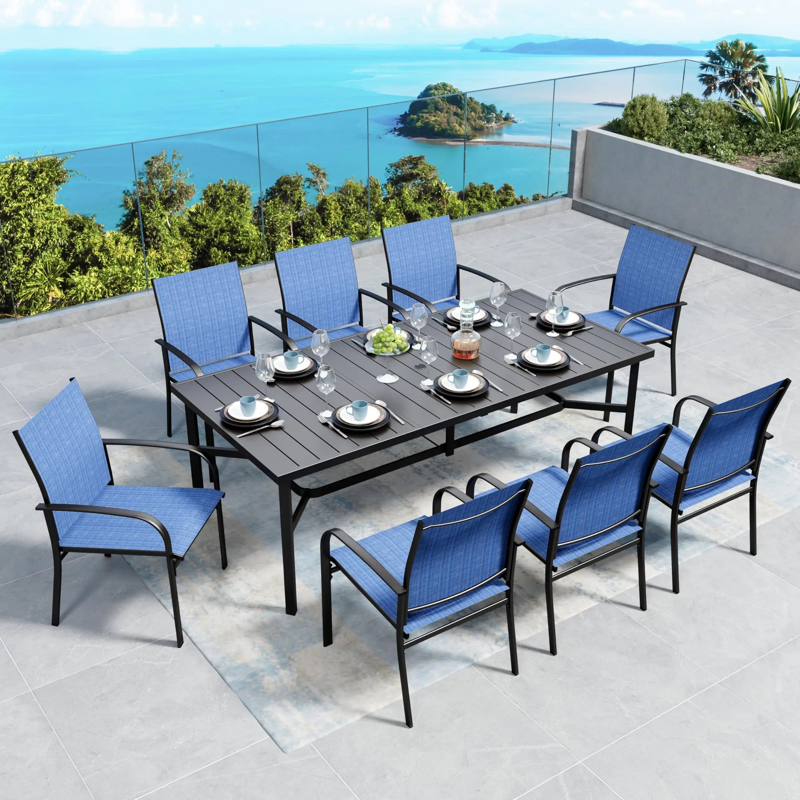 SUNSHINE VALLEY 5/9 Piece Patio Dining Set, Square Table with Umbrella Hole, 4 Metal Brown Chairs, Outdoor Table Chairs Set