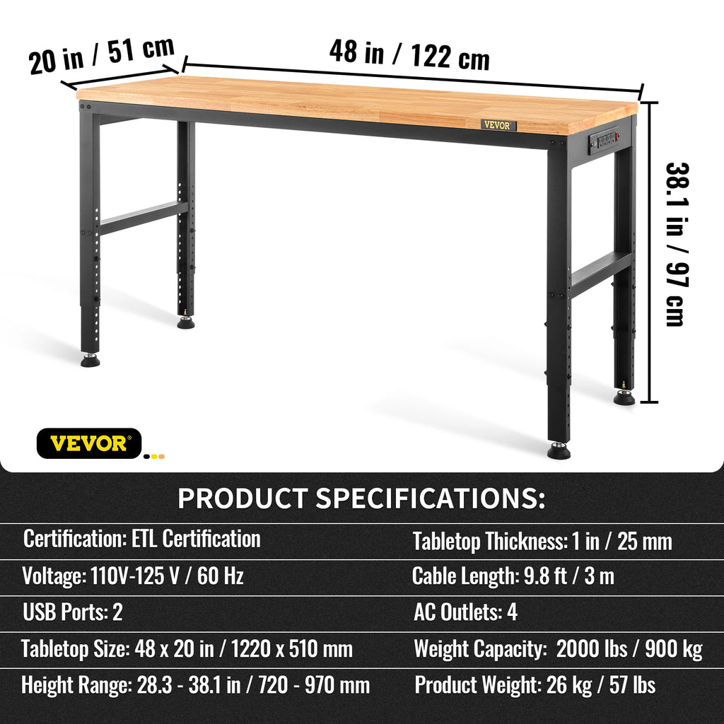 SucceBuy 72cm Woodworking Workbench, Adjustable Height Oak Wood Hardwood Top Worktable, 900KG Capacity for Office Home Workshop