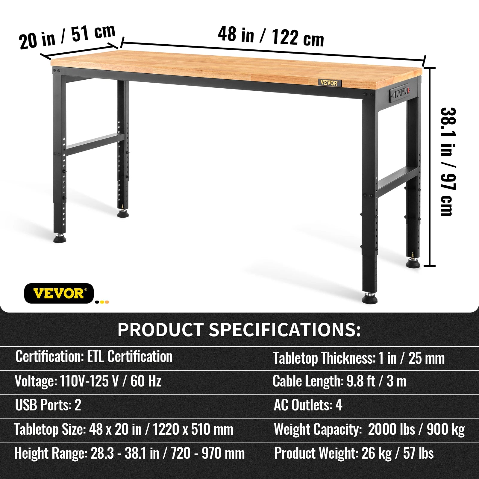 SucceBuy 72cm Woodworking Workbench, Adjustable Height Oak Wood Hardwood Top Worktable, 900KG Capacity for Office Home Workshop