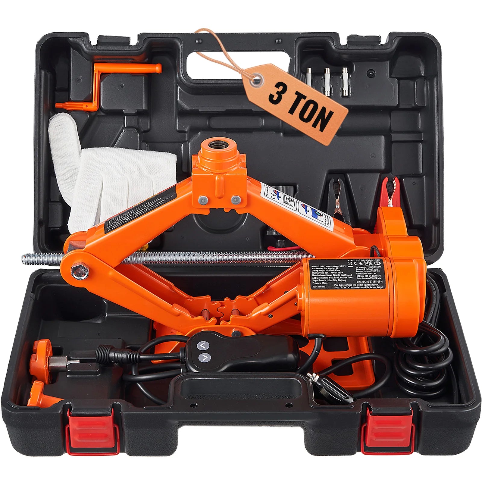 Electric Car Jack, 3 Ton Scissor/Hydraulic Jack, 12V Electric, Automatic, Carrying Case